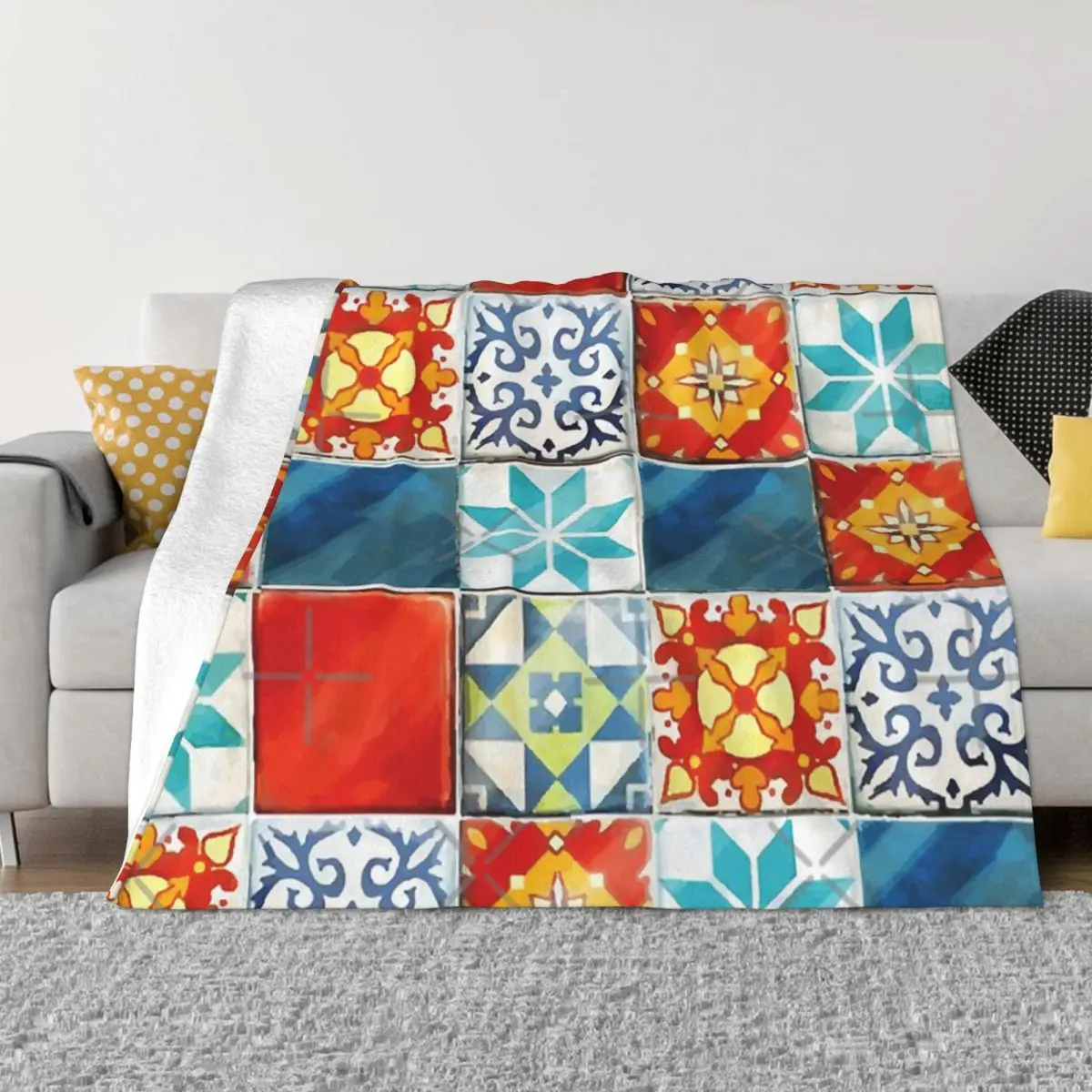 Piastrelle Colorate Azulejos Di Azul Coperta Da Gioco Da Tavolo Copriletto Sulla Trapunta Del Letto