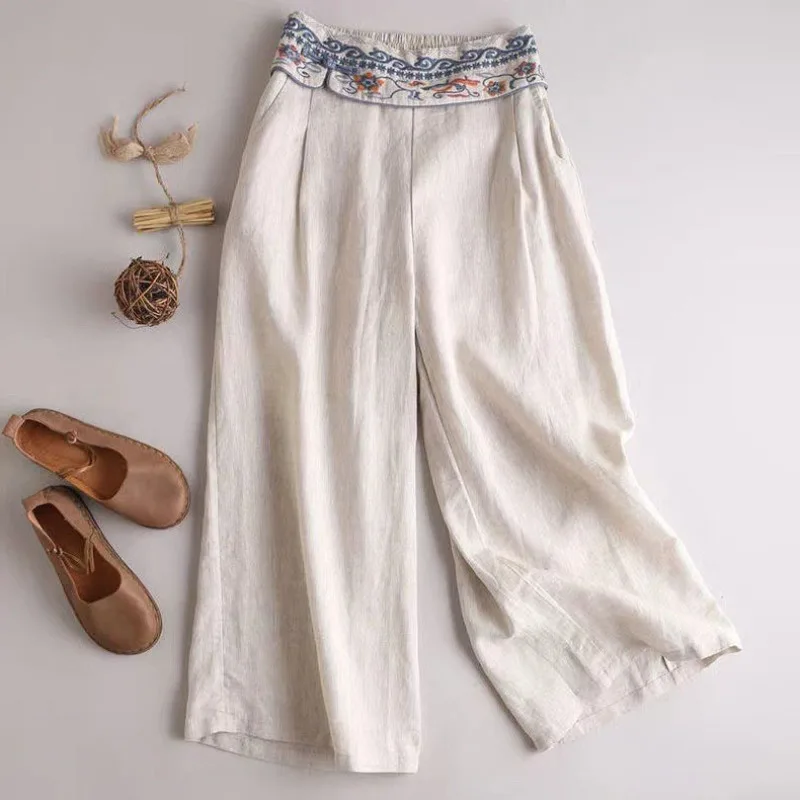 Chinese Style Cotton and Linen Embroidery Minimalist Casual Women's 2024 Summer New Patchwork Comfortable Straight Leg Pants
