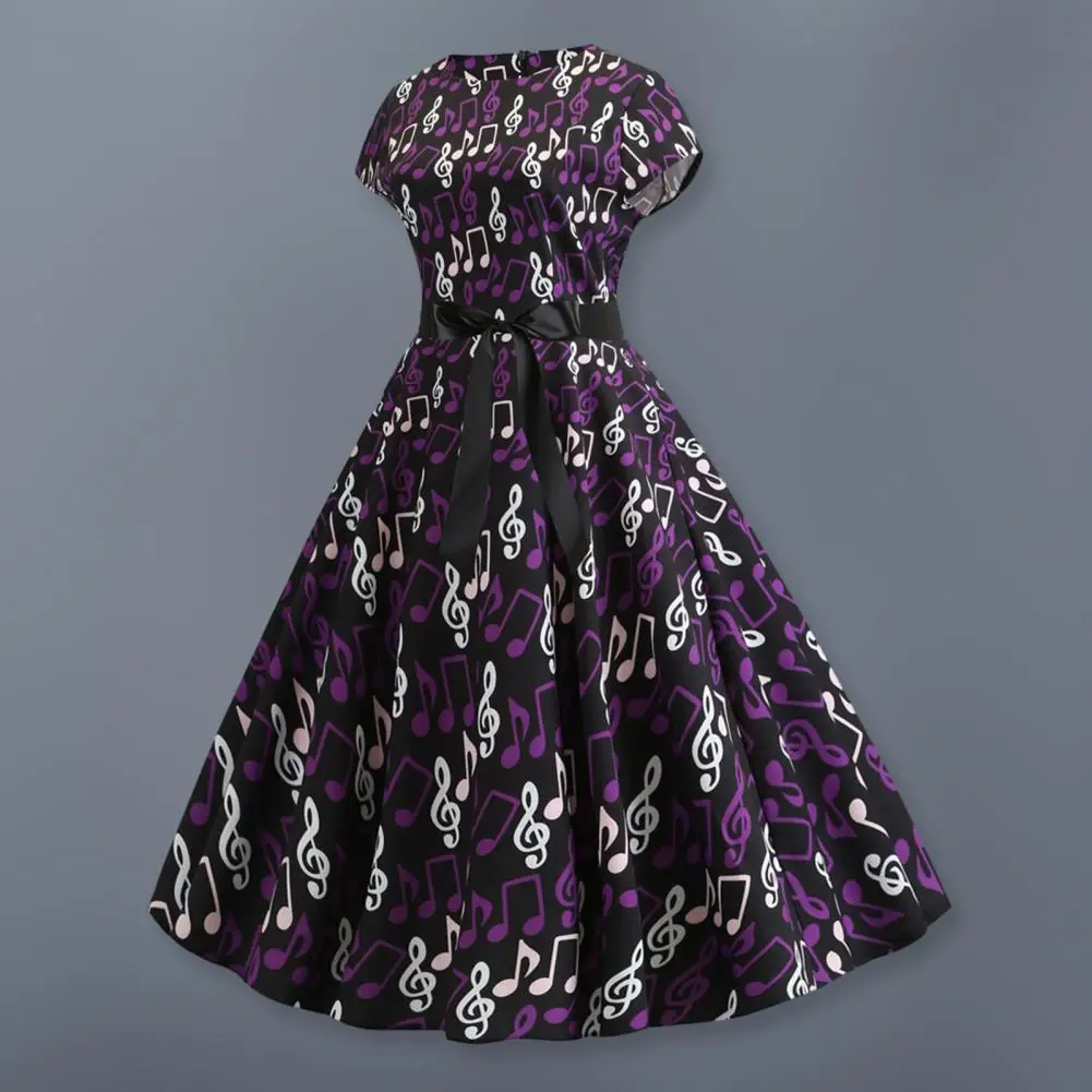 

Women Printed Dress A-line Dress Colorful Music Scale Print Midi Dress with Bow Belt A-line Silhouette for Women Short Sleeves
