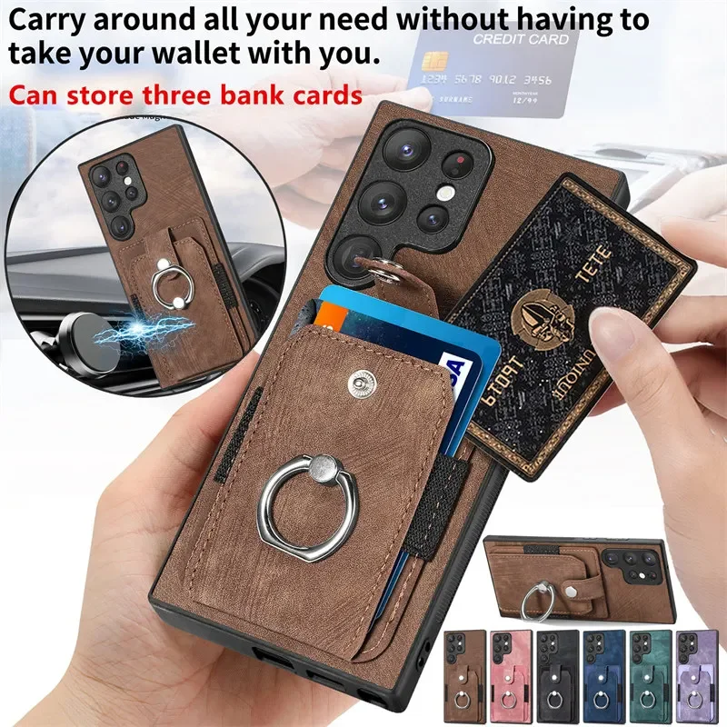 Leather Phone Case with Magnetic Car Holder and Wallet Card Back Cover