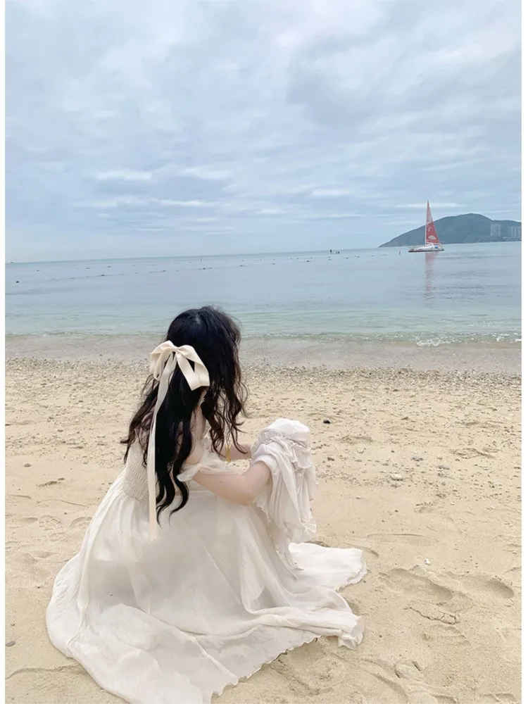 2022 프렌치 요정 중간 길이 멜빵 드레스, 나비 넥타이 공주 드레스, 쉬폰 가디건, 여름 패션