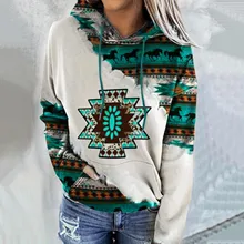 

Lady Sweatshirt Loose Women Hoodies Casual Ethnic Pattern Print Long-sleeved Pocket Hooded Sweatshirt Толстовка Женская