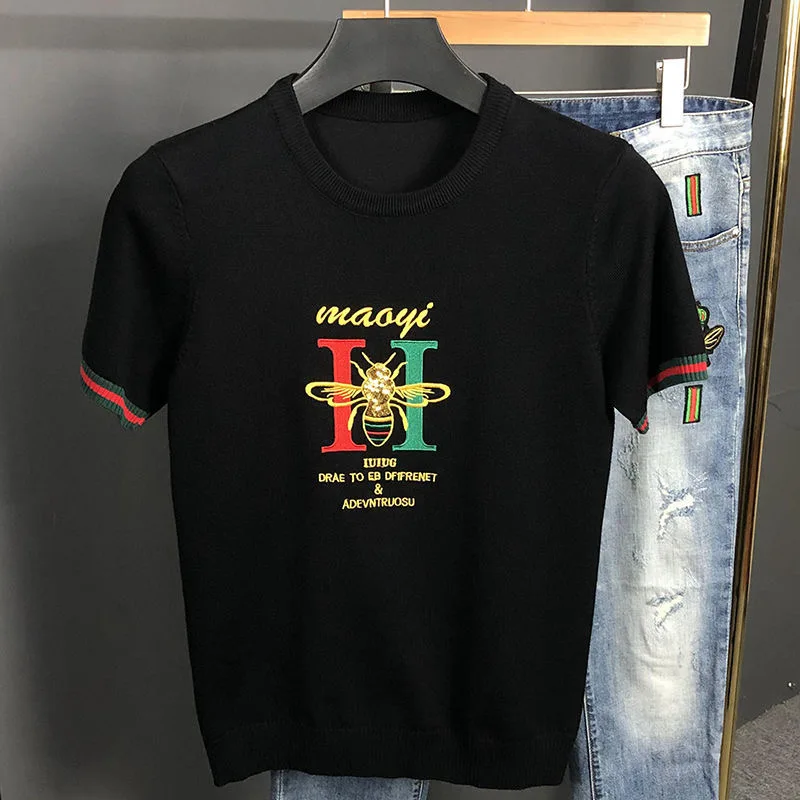 

2022 Summer Lapel Men's Short Sleeve Knitwear T Shirt High Quality Jacquard Pattern Slim Korean Style Crew Neck Tee Shirt M-4XL