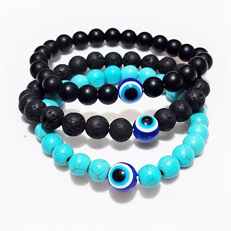 12Pc Turkish 10Mm Blue Evil Eye Handmade 8Mm Black Lava Stone Strand Bracciale Per Donna Uomo Amicizia Gioielli Charm Lucky