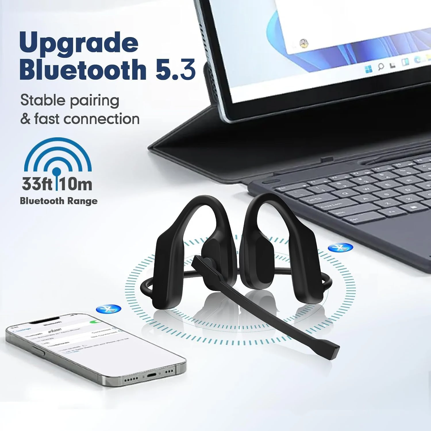 Open-Ear Wireless Bluetooth Headset with Integrated Boom Microphone