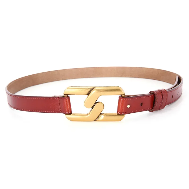 Luxury Cowhide Mesh Red Women\'s Belt Black Metal Buckle Head Genuine Leather Belt with Skirt Decoration Belt on The Outside