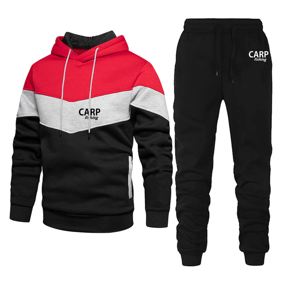 Carp Fishing Patchwork Hoodies and Sweatpants Sets for Men