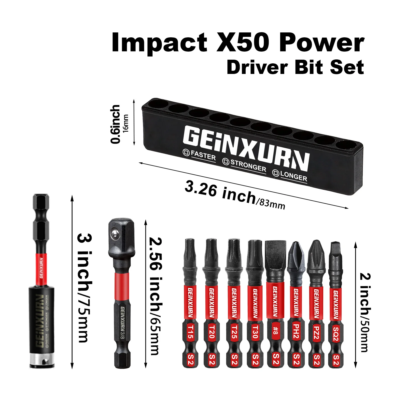 Geinxurn Mixed Impact ower Driver bit set ,2Inches S2 Alloy Steel