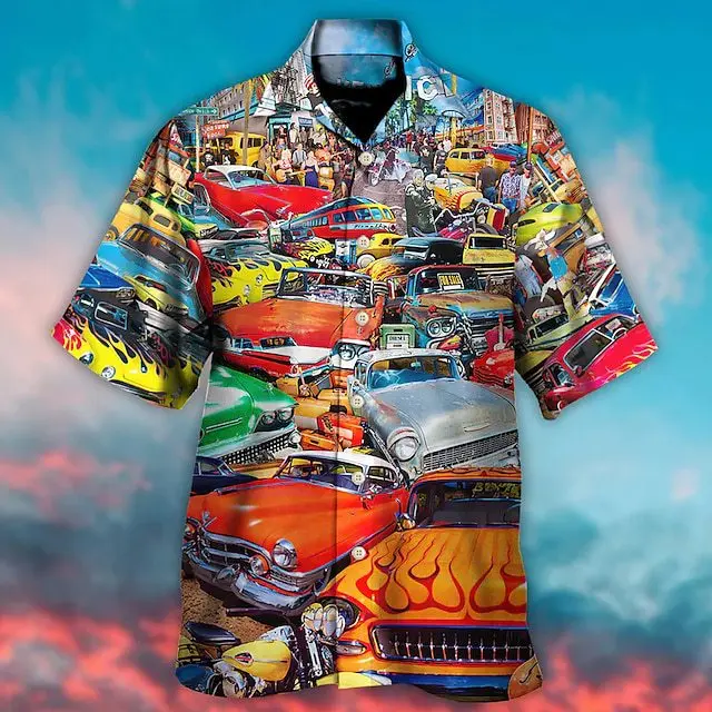 Vintage Car 3d Printed Shirts Men Women Fashion Hawaiian Shirt unisex Beach Short Sleeve Oversized Blouse Men's Lapel Shirt Cuba summer men s hawaiian set cashew floral 3d printed lapel button shirt beach shorts suit hip hop streetwear casual couple outfits