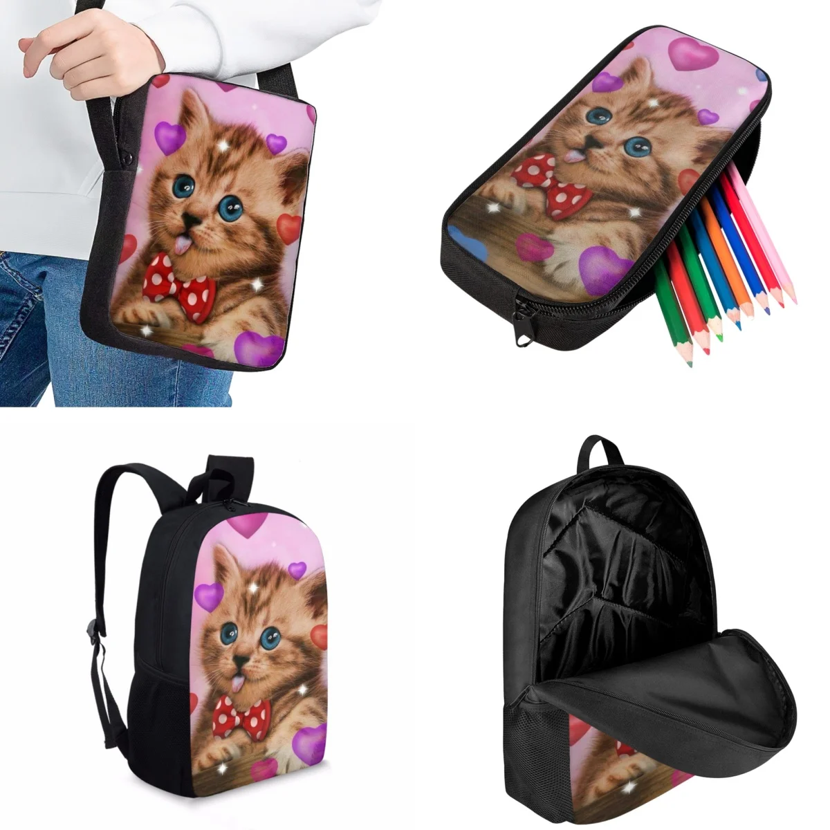 Jackherelook Children School Bags Cute Kitten Cartoon Love Girls School Fashion Book Bag Practical Travel Backpack Kids Knapsack