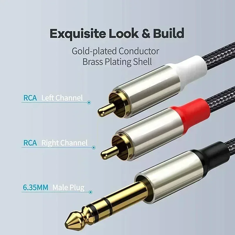 Cavo Audio Stereo 1/4" TRS A 2 RCA - 2 Metri (6,6ft) - Conduttori In Rame OFC, Schermato Per Segnale Pulito