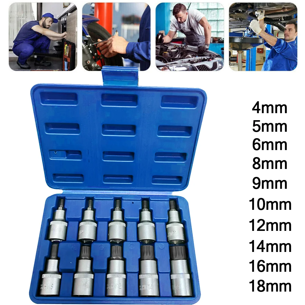 10Pcs Triple Square Spline Bit Socket Set Tamper Press Batch Sleeve M4-M18 1/4in 3/8in 1/2in Drive CR V Steel Bit Socket Set