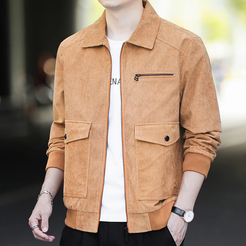 

Autumn Winter Men's Corduroy Jackets Korean Style Slim Fit Tops Clothing Zipper Turn-down Collar Solid Vintage Casual Coat Black