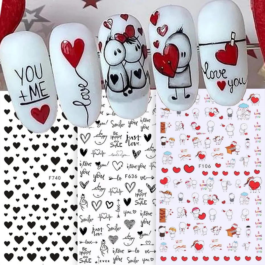 Nail Stickers 6PCS 3D Valentines Day Nail Art Lover Letter Cute Girl Cartoon