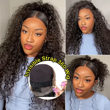 250% 18-36 Inch 360 Invisi Strap Full Lace Frontal Water 360 Hd Lace 100% Human Hair Precut Deep Curly Glueless Drawstring Wig