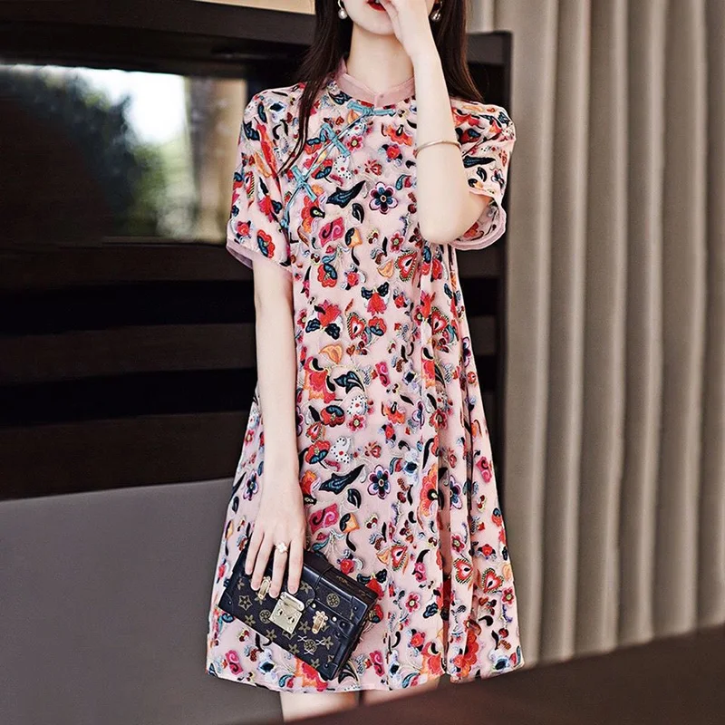 Vintage Printed Spliced Loose Bow Asymmetrical Mini Dress Women's Clothing 2023 Summer New Short Sleeve Office Lady Floral Dress