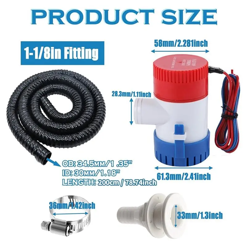 ABUN-1-1/8 보트 빌지 펌프 호스 키트, 1100Gph 전기 12V 빌지 펌프 선택 가능, 1-1/8 직경 6.5 FT 꼬임 방지 PVC 호스