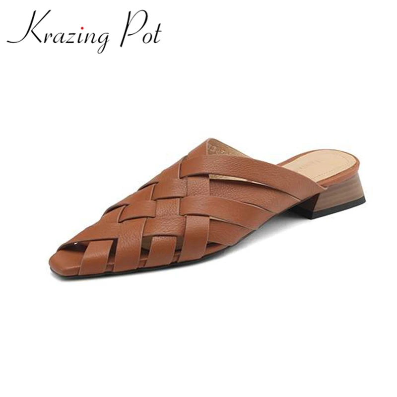 

Krazing Pot Full Grain Leather Weaving Modern Daily Wear Mules Flip Flops Summer Square Toe Slip On Women Outside Slippers Ins