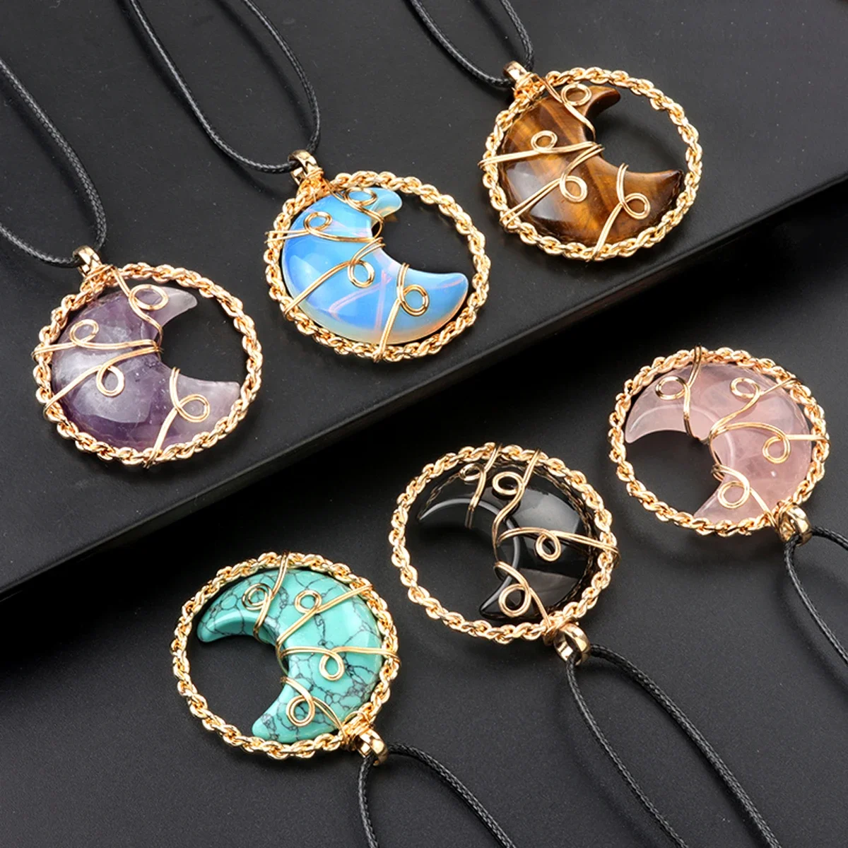 5PCS Natural Stone Moon Pendant Reiki Healing Crystal Agate Necklace Exquisite Jewelry Accessories Reiki Necklace for Women