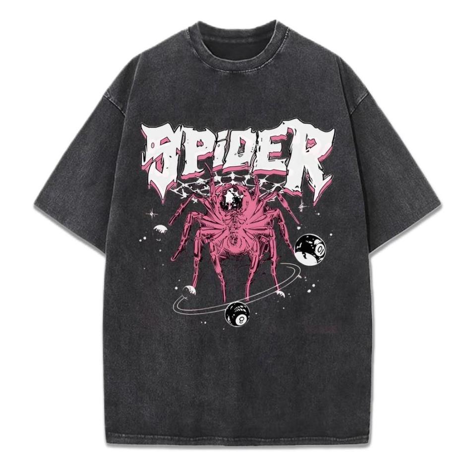 Red spider billiard print washed T-shirt, hip-hop pure cotton top, round neck loose, 2025 animal letter sweat-absorbing