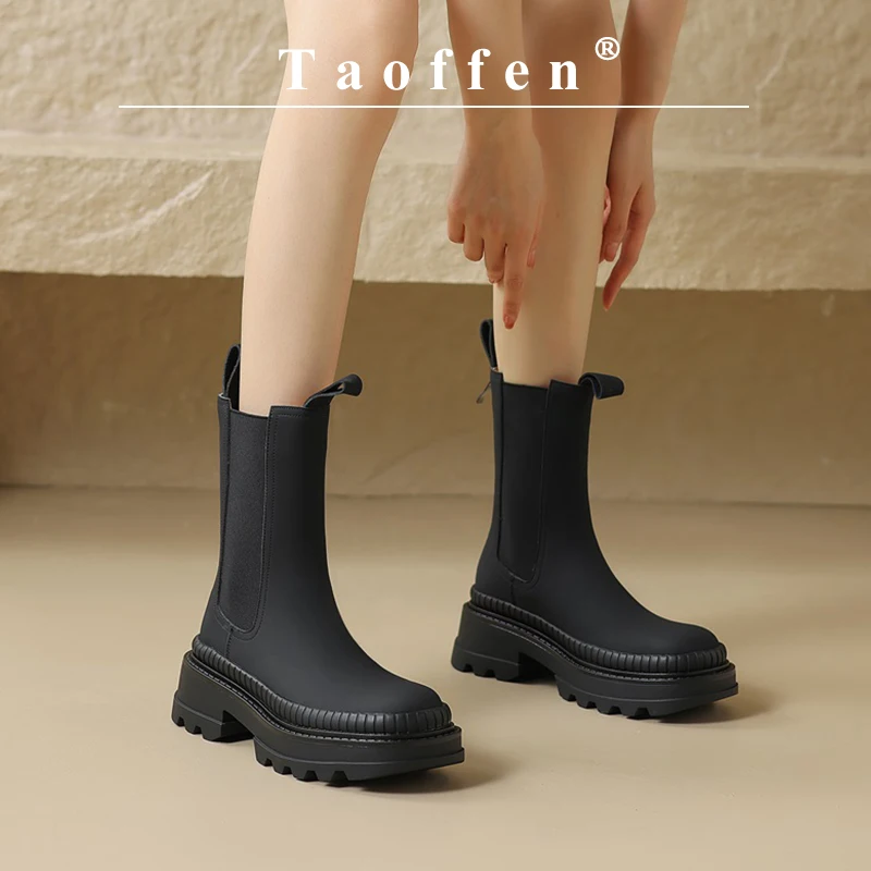 

Taoffen Genuine Leather Chelsea Boots For Women Chunky Heels Fashion Office Lady Work Shoes Slip On Winter Retro Women's Boots