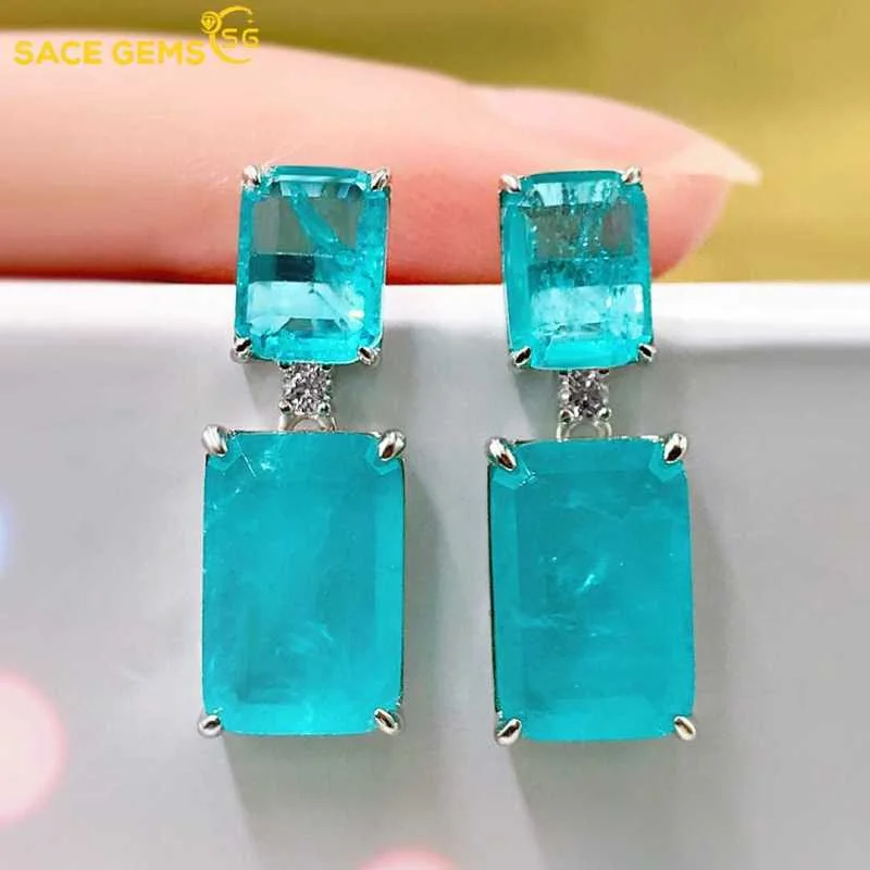 

SACE GEMS 2022 Trend 925 Sterling Silver Paraiba Tourmaline Gemstone Big Drop Earrings for Women Cocktail Party Fine Jewelry