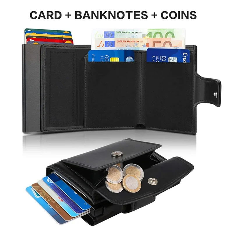 Porta biglietti da visita in metallo Porta carte di credito Rfid Portafoglio nero a tre ante con chiusura Borsa per soldi piccola Portamonete maschile Portafogli per uomo - immagine 4