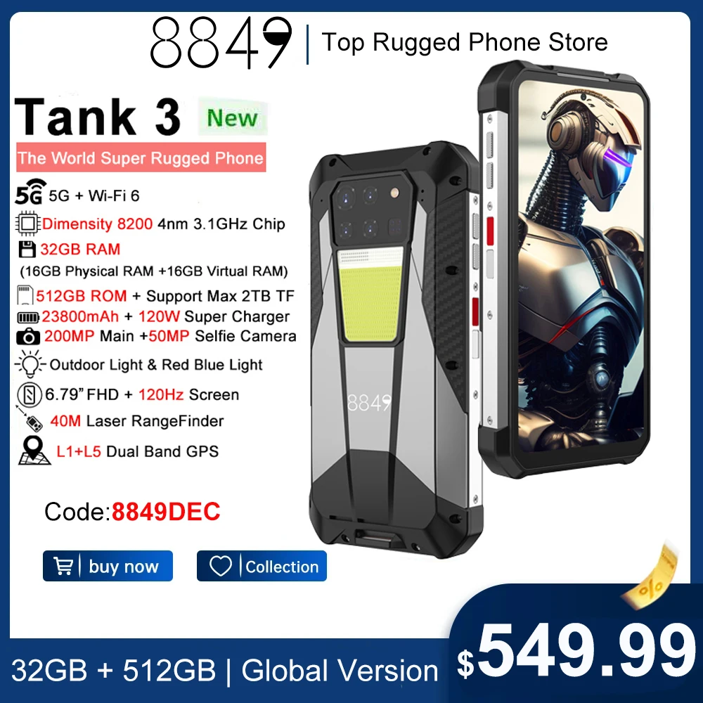 8849 Tank 3 Rugged 32GB 512GB 23800mAh 120W Charger Dimensity 8200 5G 200MP  120Hz Rangefinder Outdoor Light Wifi 6 GPS Dual Band