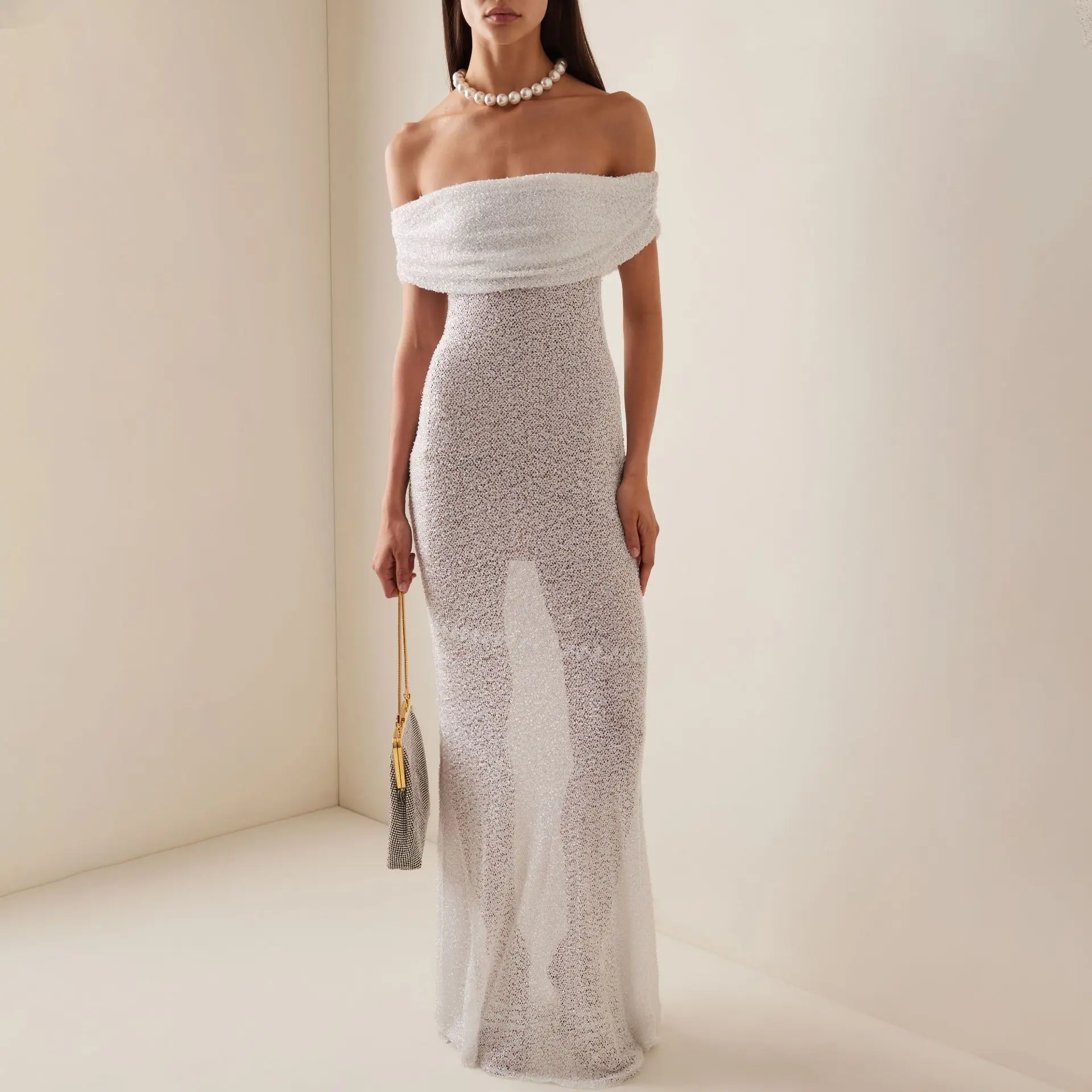 

Women's Long Sleeveless One Neck Sheer Sequins Dress, Floor Trailing Dress, Formal Evening Gown, Sexy Club Party, Slim, 2023