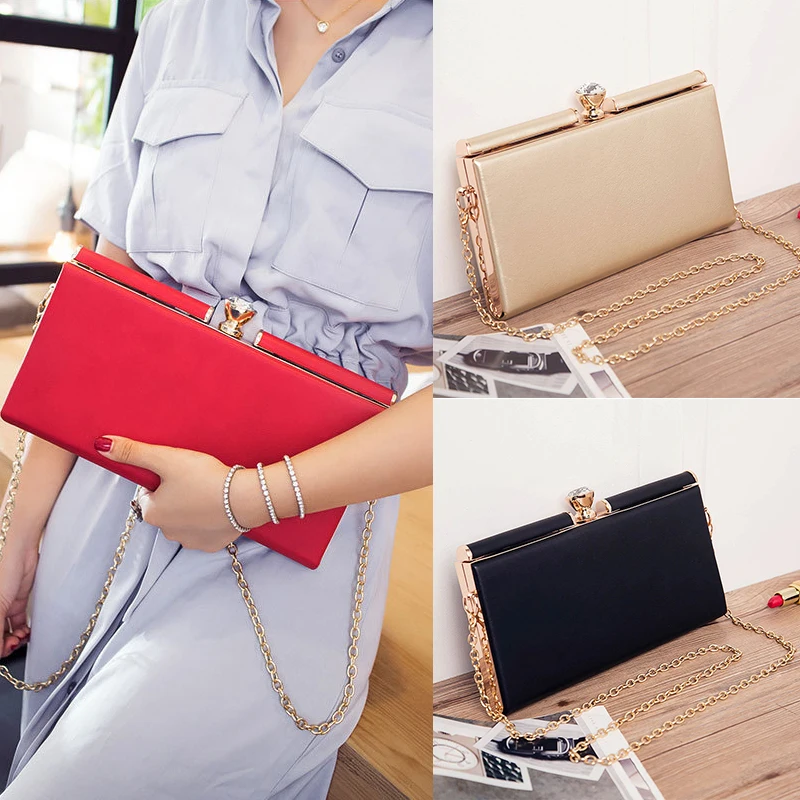 

Ladies Chain Shoulder Wedding Guest Purse Causal Solid Colour Hard Case Parties Hand Envelope Bags Gold Clutch Bag for Woman