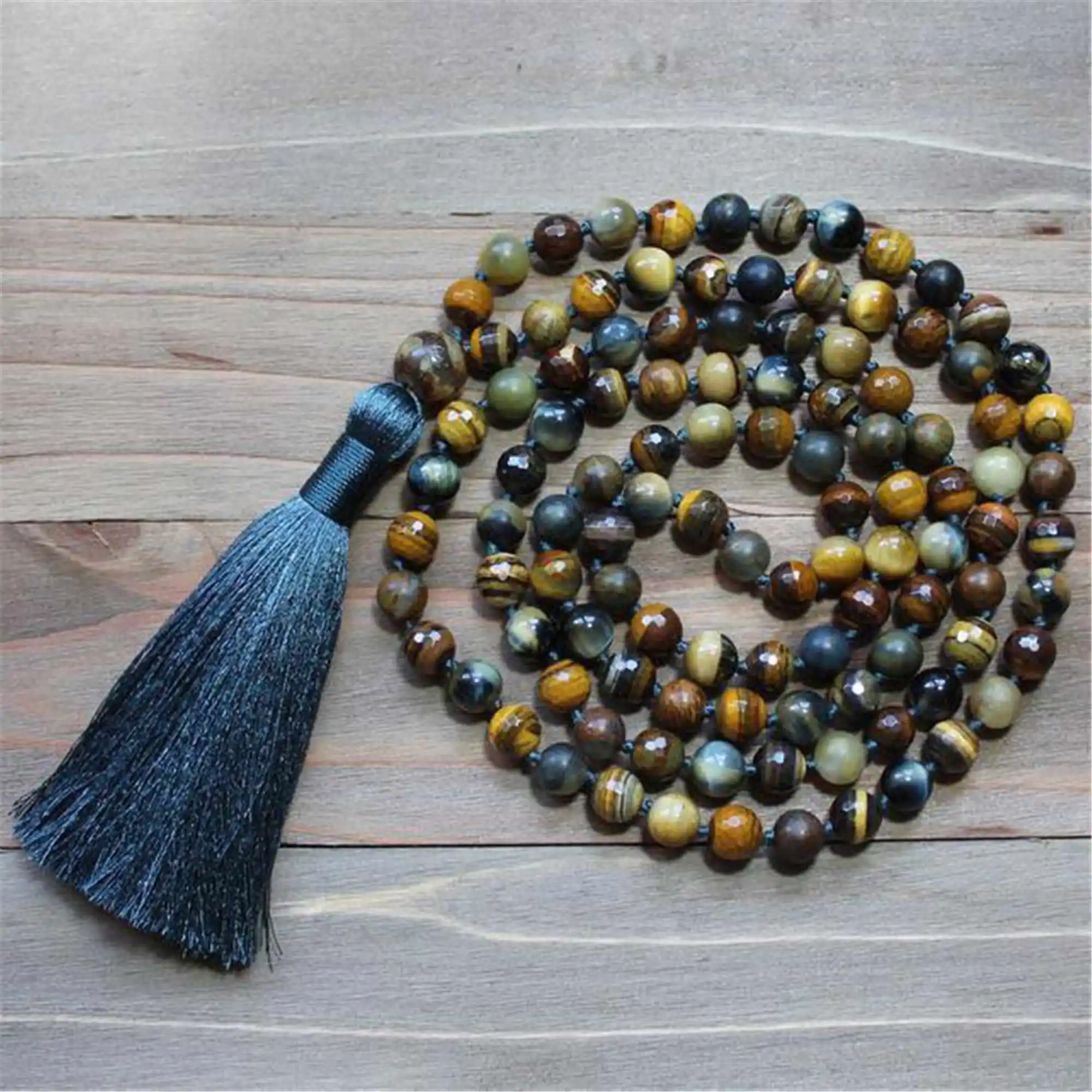 8mm Tiger's Eye 108 Beads Gemstone Tassel Mala bracelet Religious Hipster Relief Beads Choker Gemstone Gift Health Yoga Yoga