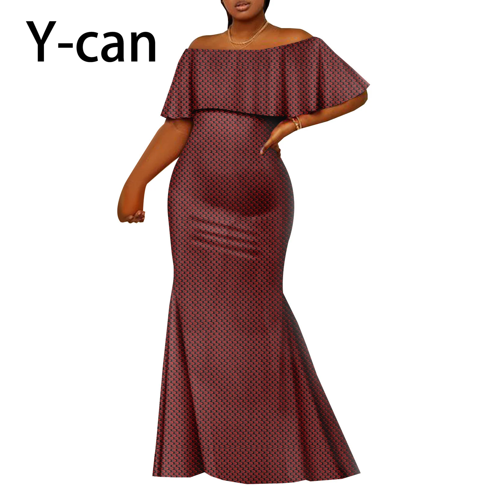 African Dresses for Women Sexy Dresses Dashiki Flower Print Off-shoulder Ruffles Slim Fit Bazin Riche Party Vestidos Y2325080 off shoulder baby blue maternity robes for pregnant women ruffles photo shoot dresses sexy sweep train see thru baby shower gown