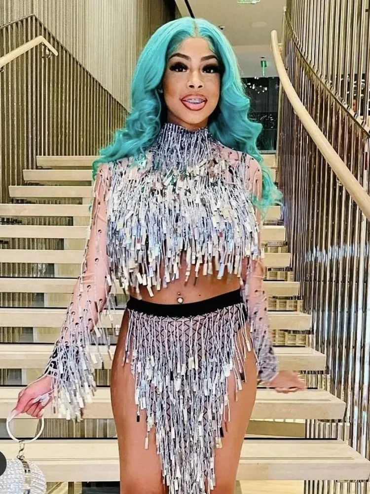 2024 Women Luxury Long Sleeve Turtleneck Fringed Crop Top And High Waist Skirt Celebrity Designer Fashion Women's Set