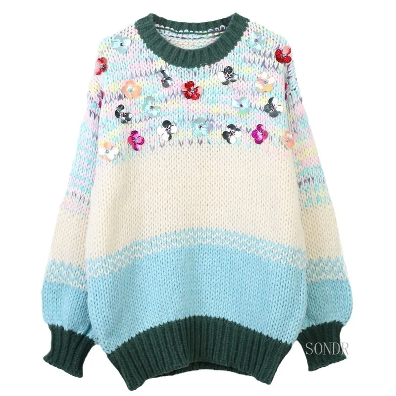 

Женский Длинный свитер с блестками, Свободный вязаный пуловер оверсайз с круглым вырезом и длинным рукавом, Осень-зима 2023