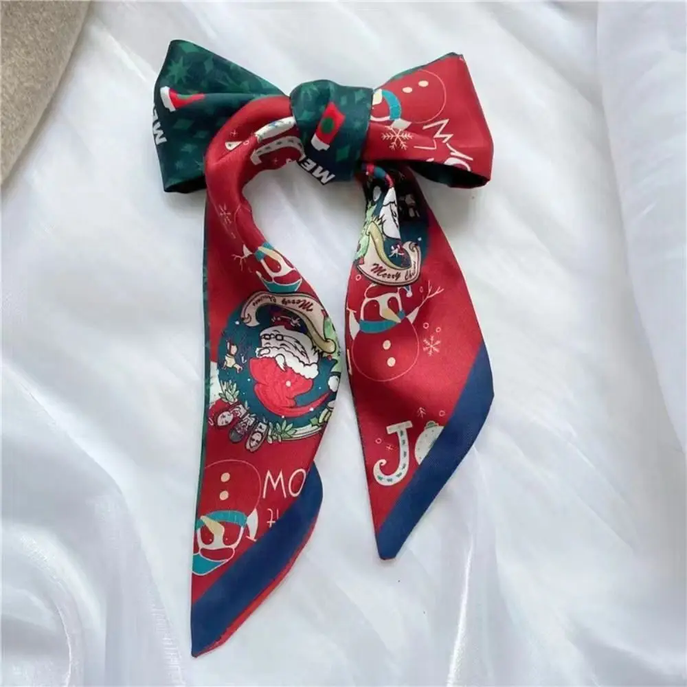 

Red Christmas Silk Scarf Retro Santa Claus Ribbon Headband New Year Scarf Printed Neckerchief Long Scarf Christmas Decoration