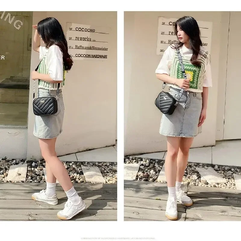 Crossbody Bag Womens Horizontal Square Rolling Camera Collar Grid Crossbody Phone Bag