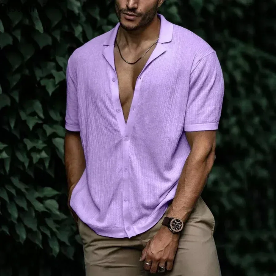 Men's Summer Casual Short Sleeve Shirts Turn-down Collar Buttoned Solid Shirts Men Clothes Loose Tops Male Fashion Shirt
