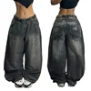 Y2K Fashion New Letter Embroidery Holes Make Old Baggy Jeans Men Gothic Hip-hop Harajuku Vintage Casual High-waisted Trousers 1
