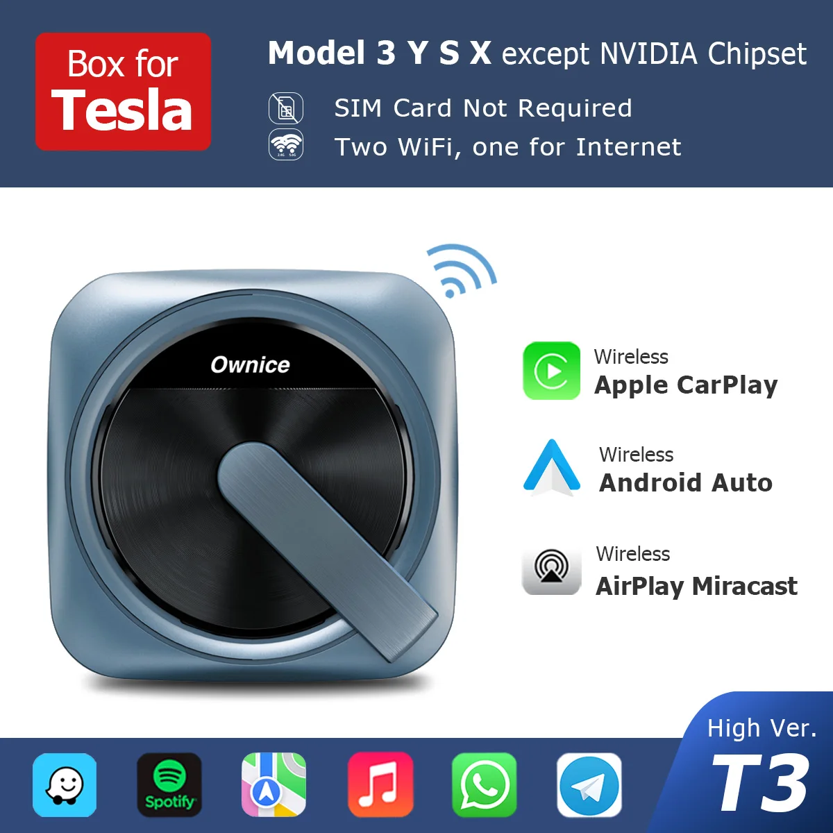 Wireless Ownice Carplay Android Auto for Tesla Connect Siri Assistant  Control Bluetooth for Spotify Waze Google Map No Need Sim