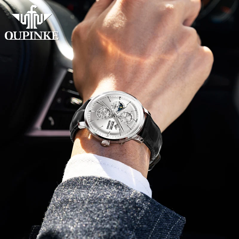 OUPINKE 3309 Automatic Watch Men Deep Waterproof Calendar Fashion Business Man Wristwatch Moon Phase Mechanical Watch For Men