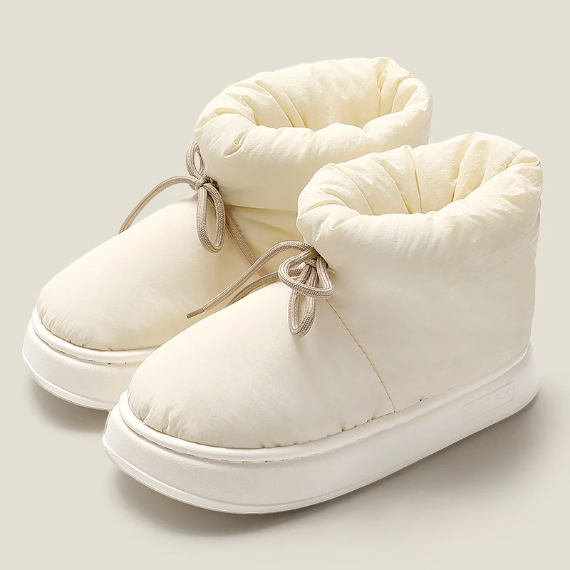 Gacimy Winter Women Cotton Slippers Fashion Outdoor High-top Down Snow Boots Comfort Soft Sole Fur Slides Warm Fluffy Home Shoes
