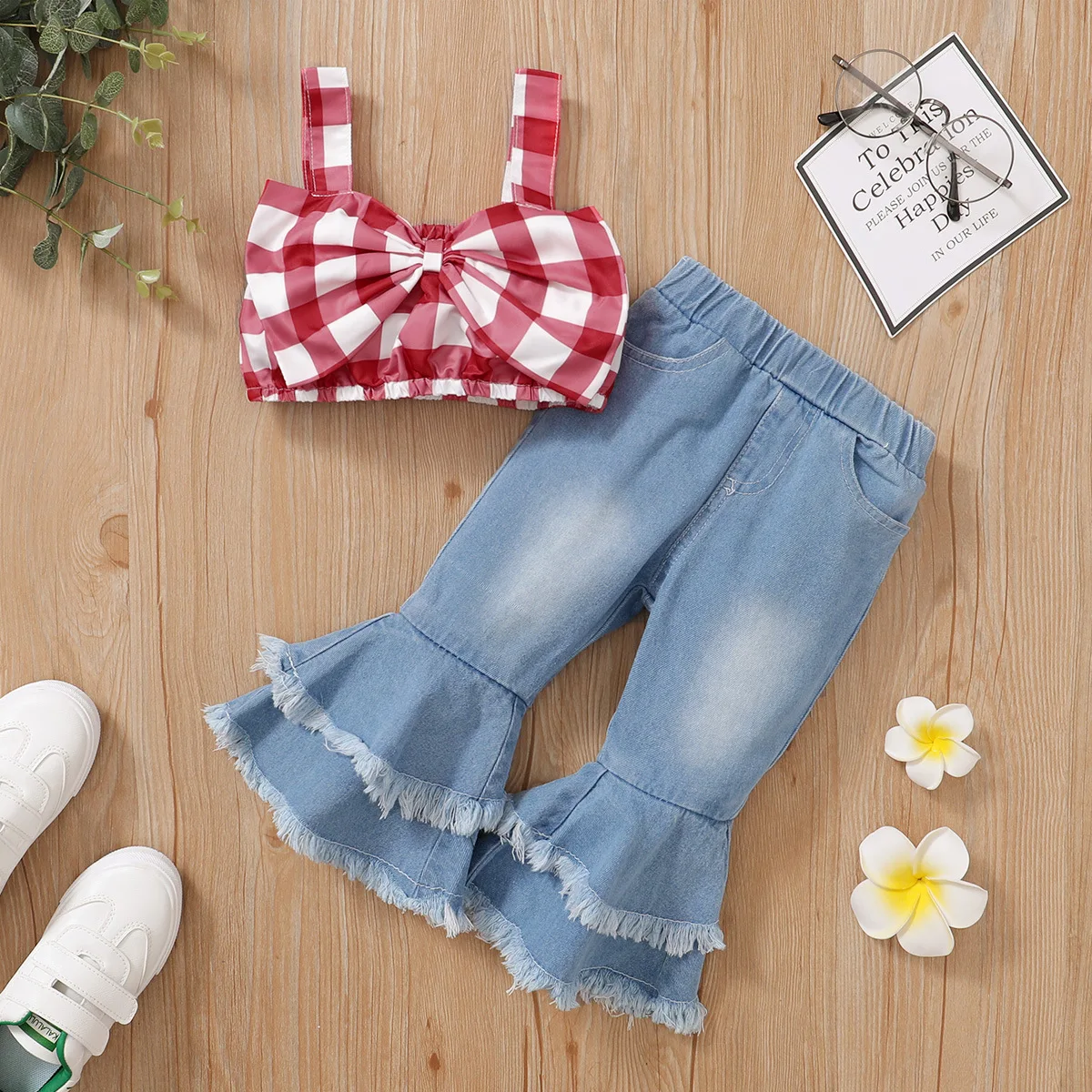 baby clothes mini set Girls children's clothing  summer new baby girl plaid suspender bow top + flared denim trousers girls casual suit baby shirt clothing set