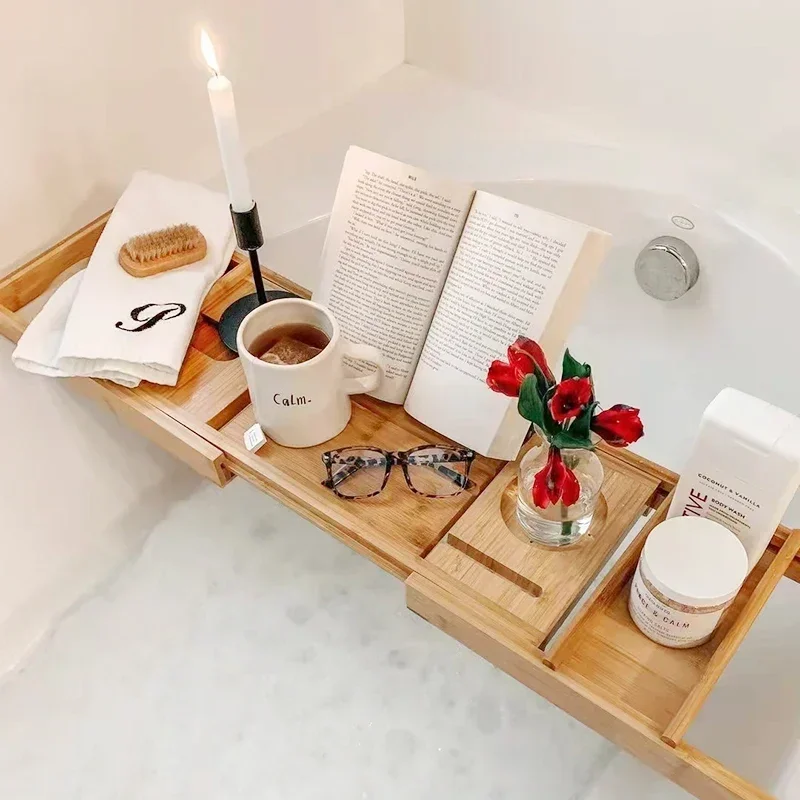Extendable Bamboo Bathtub Tray Caddy, Bath Tub Organizer with Nonslip Bottom, Wine Tablet Holder for Relaxing Spa