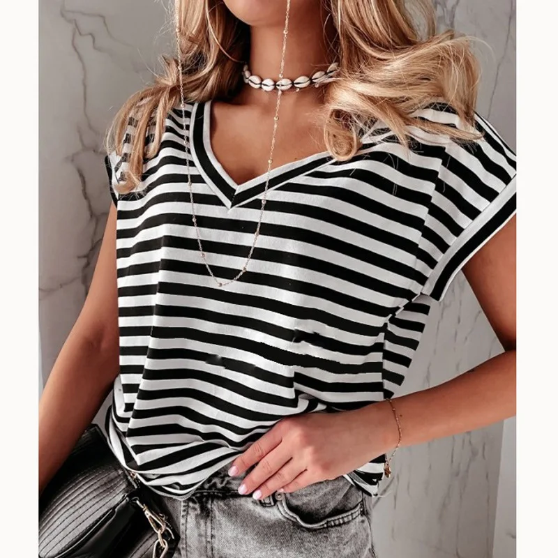 

Women's Loose Striped V-neck Summer Short Sleeved Tshirt Ladies Casual Pullover T-shirt Female Basic Tee Shirts Tops Camisetas