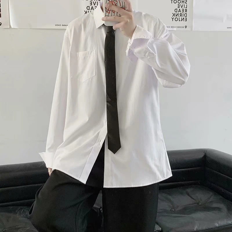 White long-sleeved tie shirt male black loose shirt trend Korean version of the college style graduation class shirt shirt top mens short sleeve dress shirts