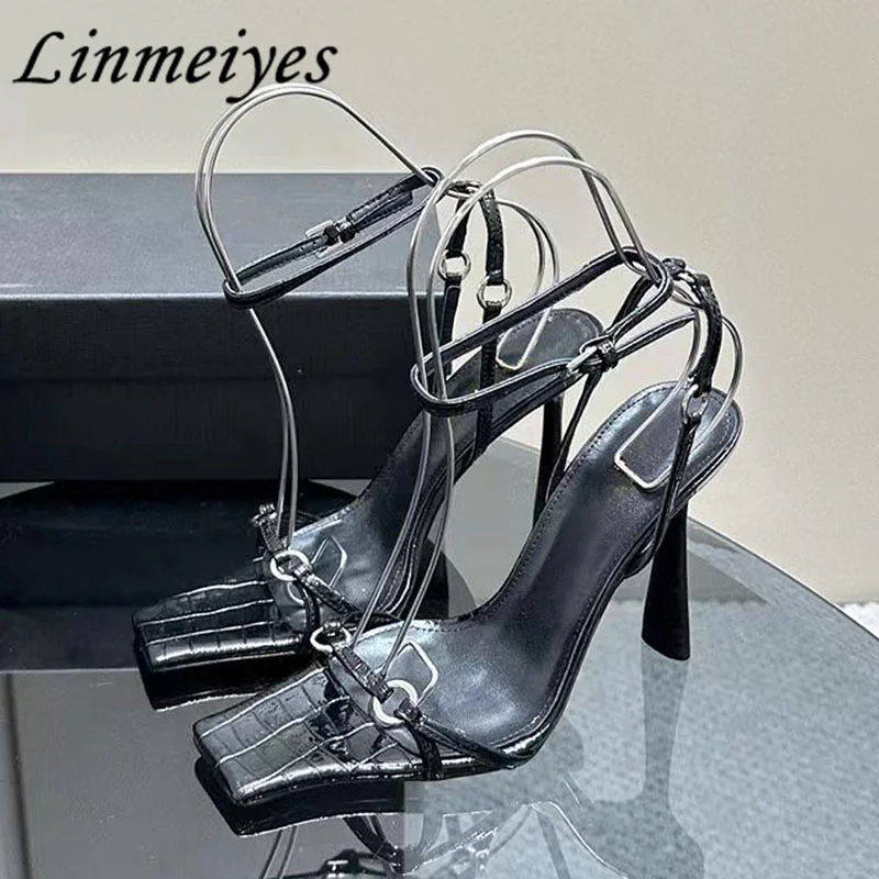

Sexy High Heels Sandals Women Genuine Leather Runway Party Shoes Female Summer Stiletto Dress Shoes Gladiator Sandalias Woman