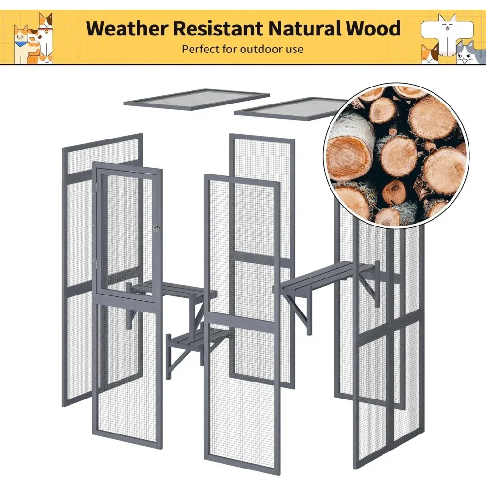 Cat House Outdoor Cat Enclosure Window Access Wood House Shelter Kitty Cage 3 Platforms For Patio Indoor Cats Cages