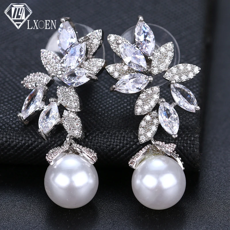 LXOEN Bohemian Sterling Pearl Jewelry Cubic Zirconia CZ Drop Pearl Earrings for Women Anniversary Birthday Idea Gift