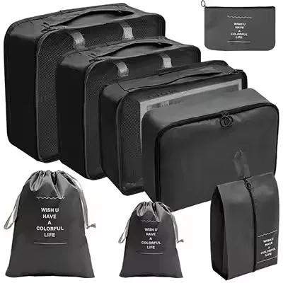 Waterproof Travel Packing Cubes Set with Drawstring Storage Pouches - 8-Piece Luggage Organizer for Clothes, Shoes, Underwear, and Cosmetics