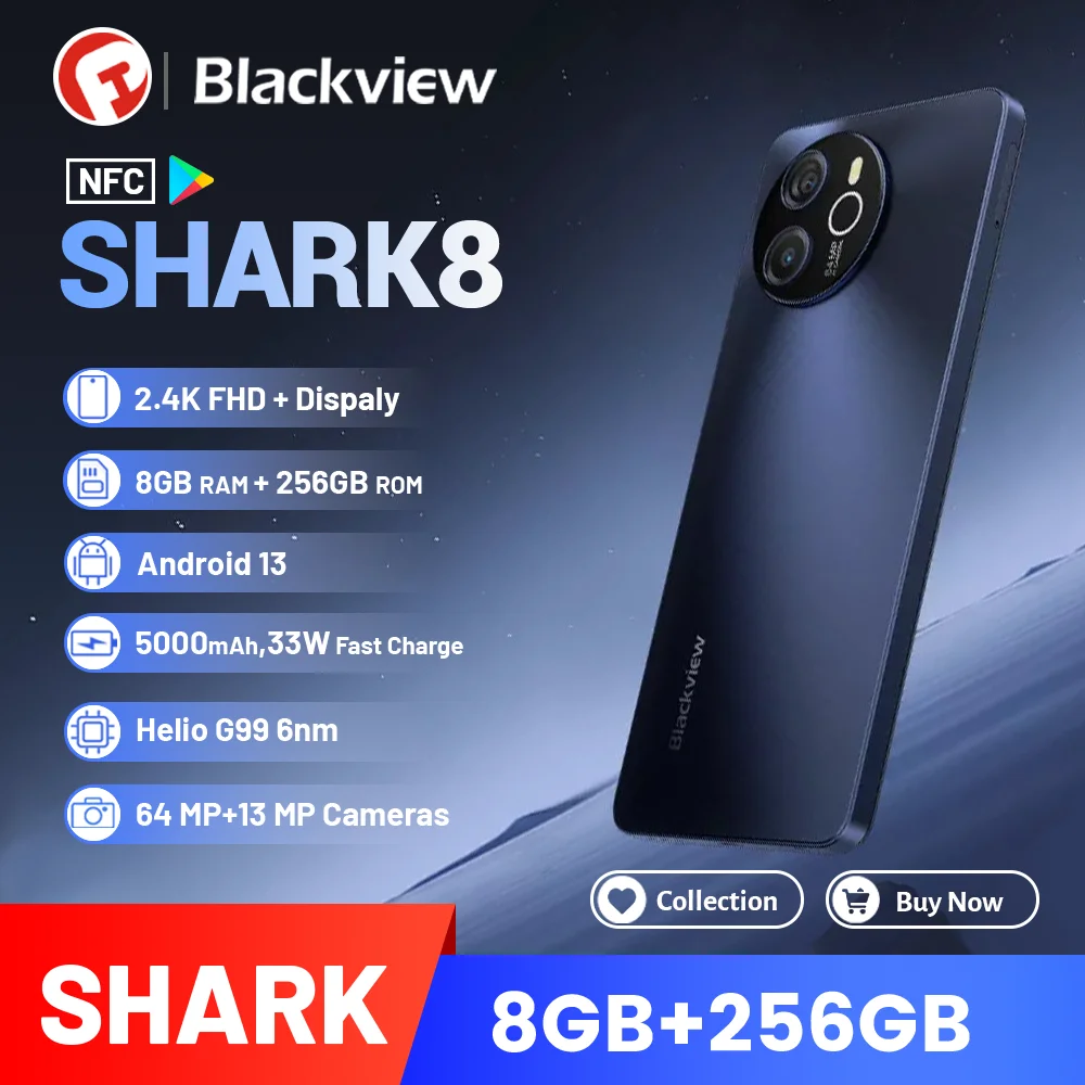Blackview Shark 8 Smartphone ,8Gb + 128Gb/256Gb ,64Mp, Mtk Helio G99, 5000Mah , 6.78 "1080*2460 Fhd + 120Hz Cellulare